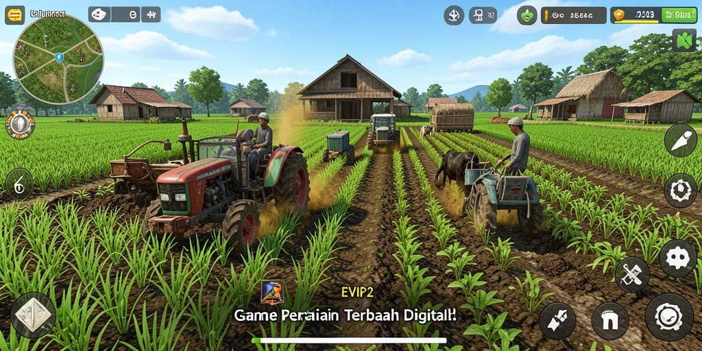 Screenshot gameplay EVIP2 menampilkan ladang subur yang penuh dengan tanaman.