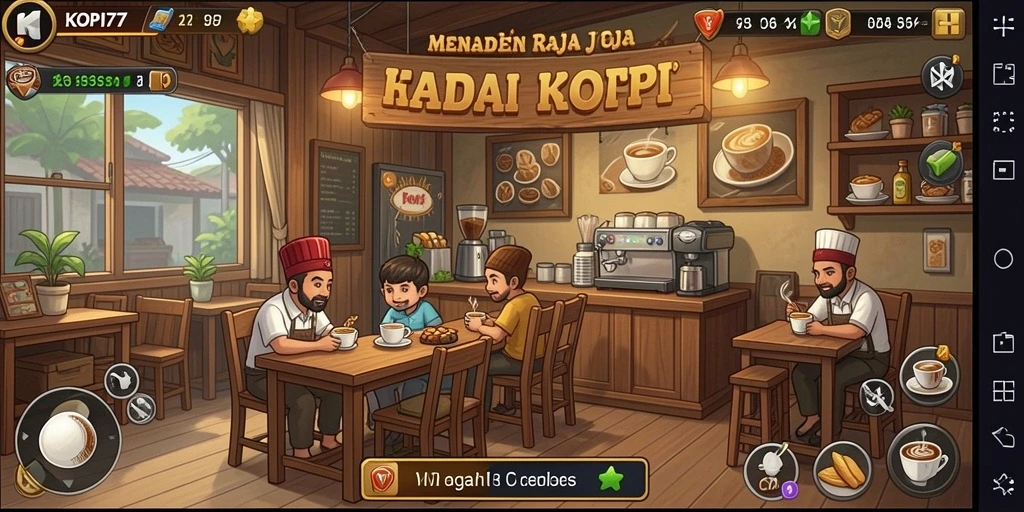Tampilan indah gameplay KOPI77 yang menunjukkan kedai kopi yang ramai.