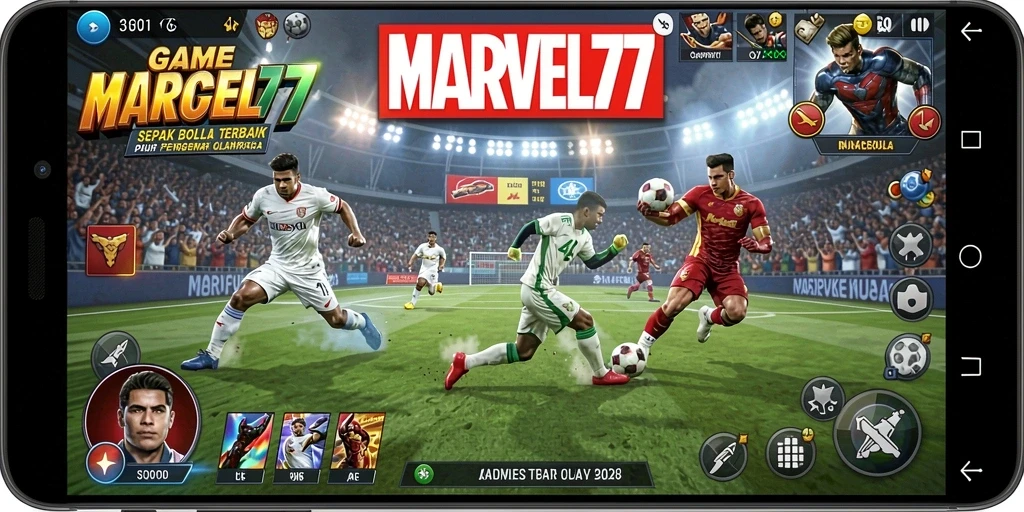 Screenshot gameplay MARVEL77 menampilkan aksi sepak bola yang mendebarkan.