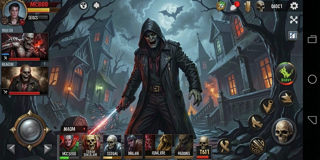 Menampilkan gameplay menegangkan di dunia horor yang gelap.