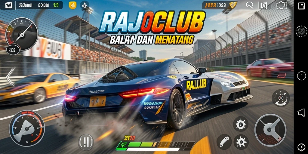Gameplay RAJACLUB dengan balapan mobil yang penuh aksi.