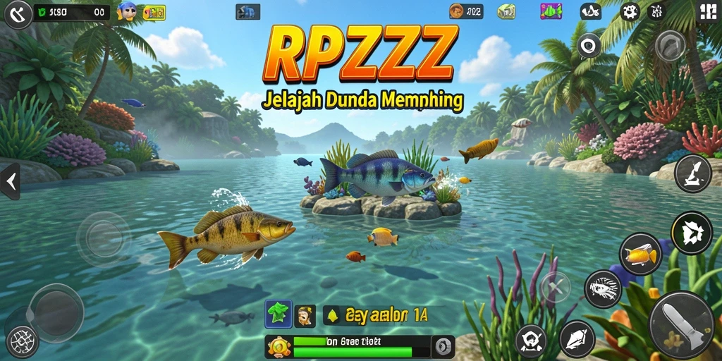 Screenshot utama RPZZZ menampilkan pemain yang sedang memancing di lokasi indah.