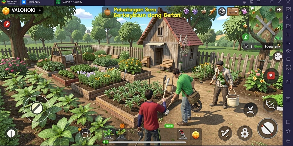 Screenshot VALOHOKI menampilkan kebun yang subur dan hewan ternak yang lucu.