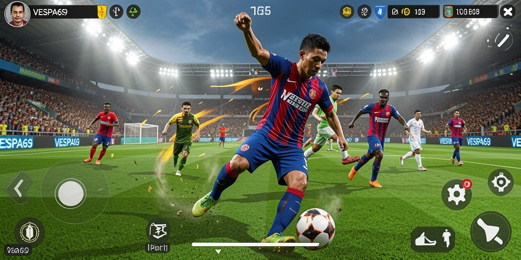 Screenshot gameplay VESPA69 menampilkan aksi seru di lapangan sepak bola.